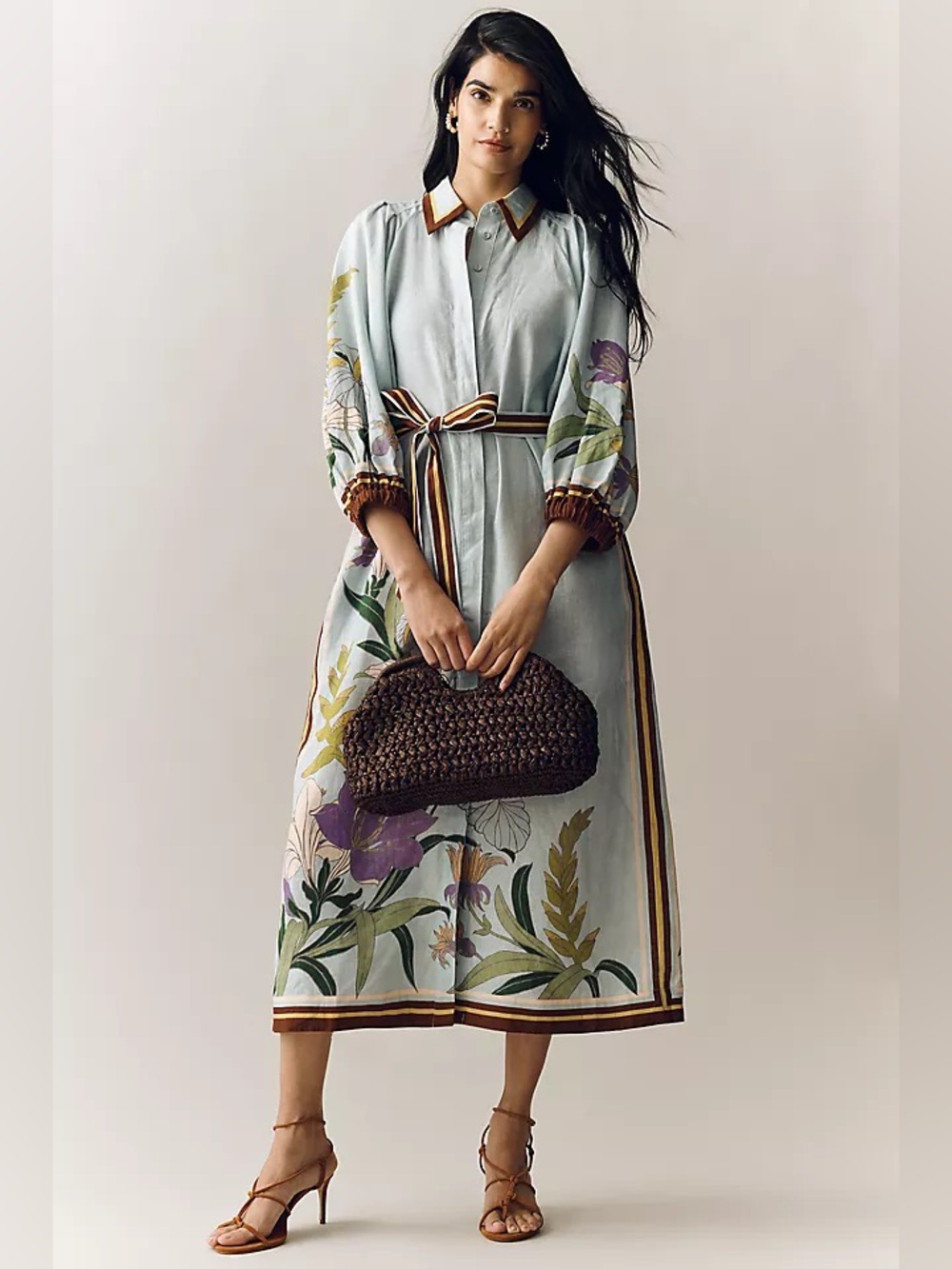 ALEMAIS Alfie Linen Midi Shirtdress Blue Floral Size 4
